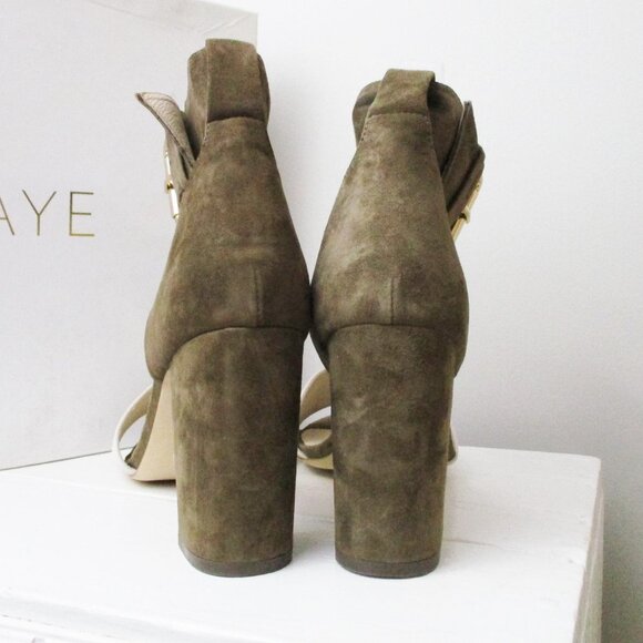 RAYE Leia taupe 9.5 strappy block heel sandals shoes heels suede buckle - Picture 6 of 9